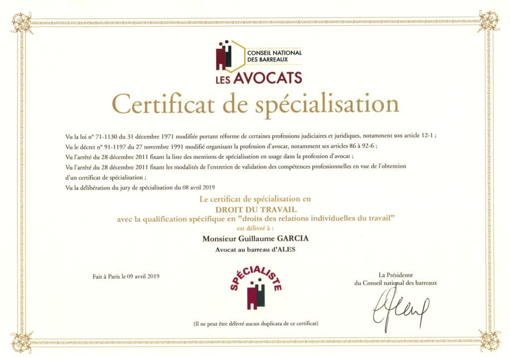 Certificat de spécialisation en Droit du Travail délivré par le Conseil National des Barreaux